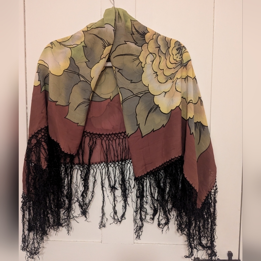 Vintage Silk Scarf Shawl Floral Fringe Wrap handmade hand painted Russian OOK
